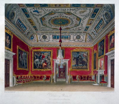 Sisäkuva olohuoneesta Buckingham Housessa, Westminsterissä, Lontoossa, 1817 tekijältä Thomas Sutherland