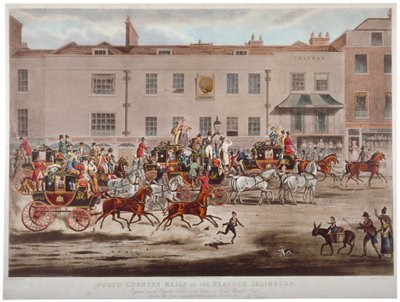 Postilinja-autot Peacock Innin edessä Islington High Streetillä, Lontoossa, 1823. tekijältä Thomas Sutherland