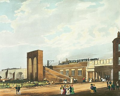 Sisäänkäynti Manchesteriin Water Streetin yli, kaiverrettu Henry Pyall (1795-1833), julkaissut Ackermann ja Co., 1831 (värillinen akvatintta). tekijältä Thomas Talbot Bury