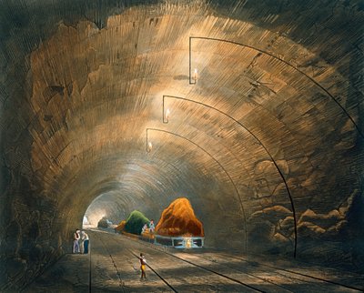 Tunneli, julkaisusta "Liverpoolin ja Manchesterin rautatien värillinen näkymä", H. Pyallin kaiverrus, julkaisija Ackermann und Co., Lontoo, 1833 tekijältä Thomas Talbot Bury