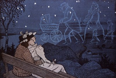 Pari ulkona katsomassa tulevaisuuttaan tähdissä: lapset, perhe. Kuvitus Th.Th. Heine paikassa: Simplicissimus, Saksa tekijältä Thomas Theodor Heine