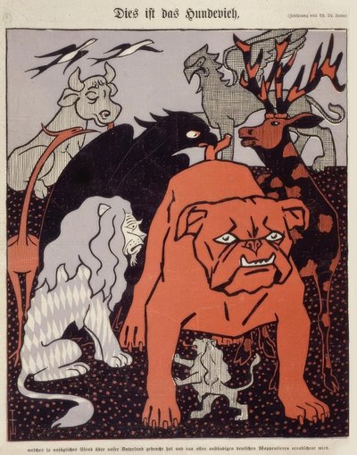 Nämä ovat niitä koirakarjaa, jotka ovat tuoneet niin sanomattoman kurjuuden isänmaahamme ja joita kaikki kunnolliset saksalaiset heraldiset eläimet inhoavat. tekijältä Thomas Theodor Heine