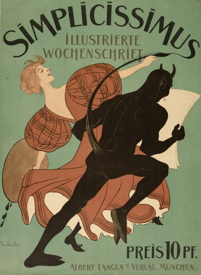 Etukansi "Simplicissimus Illustrated Weeklystä", pub. 1896 (väri litho) tekijältä Thomas Theodor Heine
