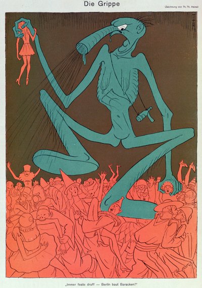 Influenssa, Simplicissimus, helmikuu 1929 (väri litho) tekijältä Thomas Theodor Heine