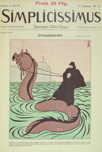 Kaiser ratsastaa merikäärmeellä Englantiin, kansikuva Simplicissimusista tekijältä Thomas Theodor Heine