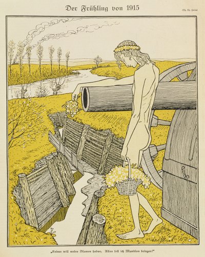 Kevät 1915, kuvitus saksalaisesta aikakauslehdestä "Simplicissimus", n. 1915 (litho) tekijältä Thomas Theodor Heine