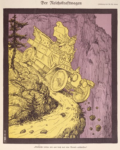 Wilhelm II:n (1859-1941) ajama Saksan valtakunnan auto, kuva Simplicissimus 1907 -lehden kannesta (väri litho) tekijältä Thomas Theodor Heine