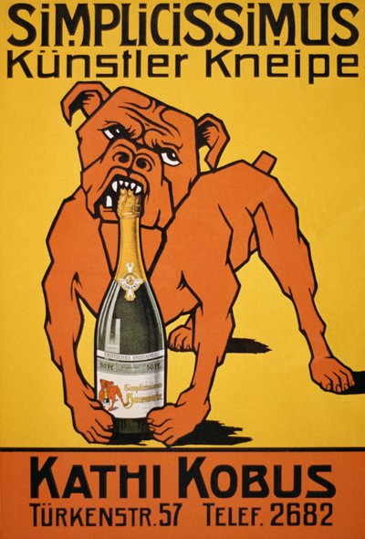 Vintage juliste bulldogista puree samppanjapulloa (juliste) tekijältä Thomas Theodor Heine