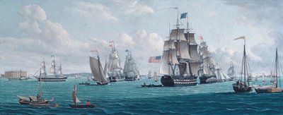 Yhdysvaltain laiva Franklin, josta on näkymät New Yorkin lahdelle, 1820- tai 1830-luku. tekijältä Thomas Thompson