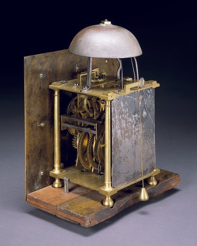 Kaarle II:n kolmikymppisen kotelokellon mekanismi, n. 1680 tekijältä Thomas Tompion