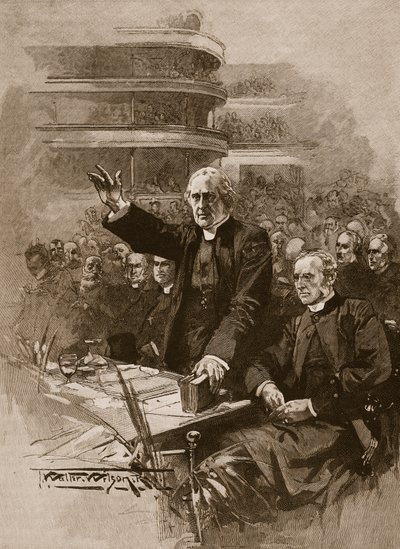Canterburyn arkkipiispa mielenosoituksessa Royal Albert Hallissa, 1893, kuvitus teoksesta "Cassell