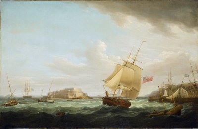 Kauppalaiva ja muita aluksia Cornet Castlen edustalla Guernseyssä, Englannissa. Thomas Whitcomben (1763-1825) öljy kankaalle, noin 1796. tekijältä Thomas Whitcombe