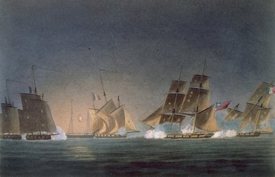 HMS Rinaldo työllistää neljä ranskalaista sotilasta, J. Bailey kaivertanut J. Ralfen teokseen "The Naval Chronology of Great Britain", julkaistu 1820 tekijältä Thomas Whitcombe