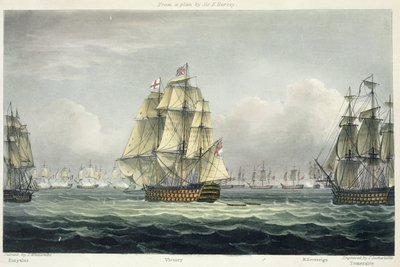 HMS Victory purjehti ranskalaiselle linjalle Euryalusin ja HMS Temerairen rinnalla Trafalgarin taistelussa 21. lokakuuta 1805, T. Sutherlandin kaivertama "The Naval Chronology of Britain" tekijältä Thomas Whitcombe