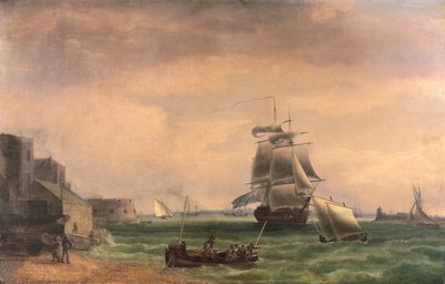 Sotamiehet ja pienet veneet Portsmouthin satamassa, 1700-luvun loppu tai 1800-luvun alku tekijältä Thomas Whitcombe