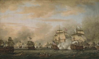 Saintesin taistelu, 12. huhtikuuta 1782. HMS Barfleur hyökkää Ranskan lippulaiva Ville de Parisin kimppuun tekijältä Thomas Whitcombe
