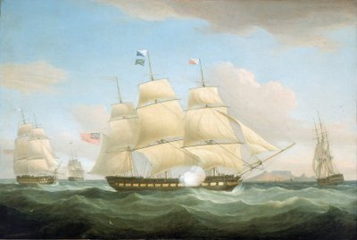 Itä-Intian komppanian kauppa-alukset "Minerva", "Scaleby Castle" ja "Charles Grant" Kapkaupungin edustalla Etelä-Afrikassa, Pöytävuori näkyy horisontissa. tekijältä Thomas Whitcombe
