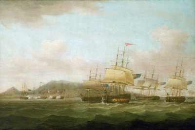 Saint Paulin valtaaminen Bourbonin saaren (nykyinen Réunionin saari) lähistöllä brittilaivaston toimesta 21. syyskuuta. tekijältä Thomas Whitcombe