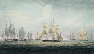 Sir Graham Mooren (1764-1843), Britannian kuninkaallisen laivaston neljän fregatin laivueen komentajan, joka valtasi espanjalaisen aarrelaivaston Cádizin edustalla Espanjassa 5. lokakuuta, merivoimien manööveri. tekijältä Thomas Whitcombe