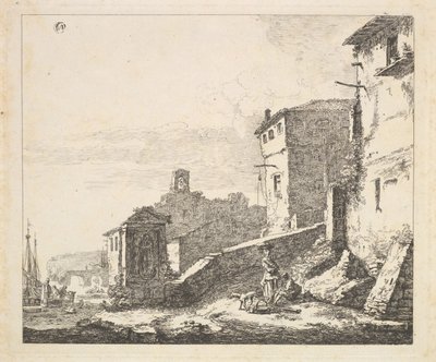 Kyläkohtaus, jossa nainen seisoo istuvan miehen vieressä, kopio, 1600-luku. tekijältä Thomas Wijck
