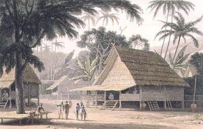 Malaijilainen kylä, levy 16 julkaisusta "Maalaiskuvallinen matka Intiaan" tekijältä Thomas und William Daniell