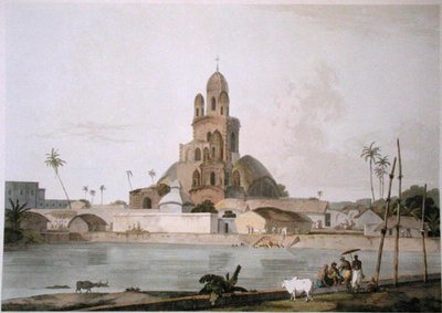 Govinda Ram Mitteen pagodi, Kalkutta, levy V teoksesta "Oriental Scenery", julkaistu 1800 (värillinen akvatinta) tekijältä Thomas und William Daniell