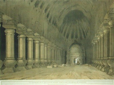 Kaivetun hindutemppelin sisustus Salsetten saarella, levy 63 julkaisusta Oriental Scenery: Twenty Four Views in Hindoostan, julkaistu 1800 (värilitho) tekijältä Thomas und William Daniell