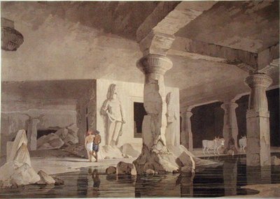 Osa Elefantan temppeliä, levy VIII "Itämaisista maisemista", julkaistu 1800 (värillinen akvatinta) tekijältä Thomas und William Daniell