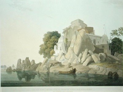 S.W. Näkymä Fakeers Rockille Ganges-joessa lähellä Sultaungungea, levy 61 julkaisusta Oriental Scenery: Twenty Four Views in Hindoostan, julkaistu 1800 (värilitho) tekijältä Thomas und William Daniell