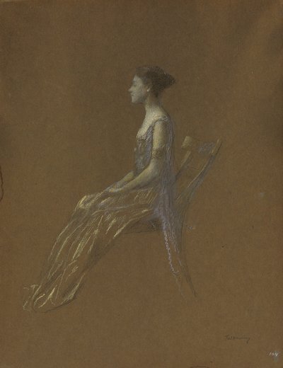 Istuva nainen keltaisessa mekossa (pastelliväri paperilla) tekijältä Thomas Wilmer Dewing