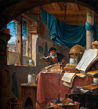 ""Un savant dans son bureau"" (Tutkija tutkimuksessaan) Thomas Wyckin (Wyjck ou Wijckin) maalaus (ver 1616-1677) - Öljy kankaalle - 33,5x31 - Hallwylska Museet, Tukholma tekijältä Thomas Wyck