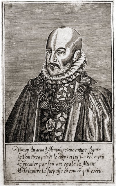 Ranskalaisen kirjailijan Michel de Montaignen (1533-1592) muotokuva. Kaiverrus Thomas de Leu. (1560-1612). tekijältä Thomas de Leu