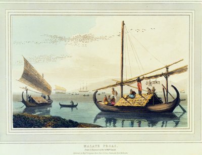 Malaye Proas, levy 17 teoksesta "A Picturesque Voyage to India", 1810 (akvatinta) tekijältä Thomas und William Daniell