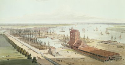 Mastotalo ja Brunswickin laituri Blackwellissä, 1803 (akvatinta) tekijältä Thomas und William Daniell