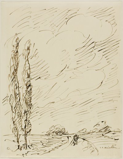 Kulkuri tiellä, jossa on kaksi poppelipuuta tekijältä Théophile Alexandre Pierre Steinlen