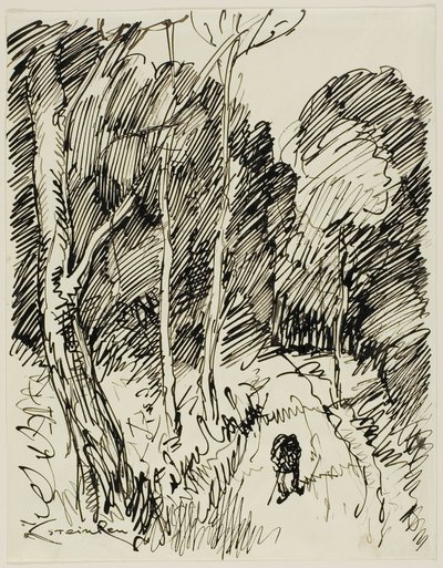 Metsäinen maisema ja Vagabond tekijältä Théophile Alexandre Pierre Steinlen