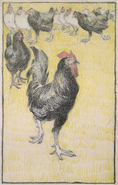 Kukko, jota seuraavat mustavalkoiset kanat (grafiittia mustalla ja värillisellä liidulla valkoisella paperilla, reunustettu mustalla liidulla) tekijältä Théophile Alexandre Steinlen