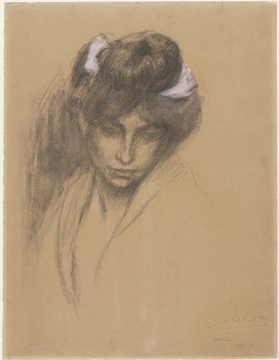 Tumma tytön pää, katselee eteenpäin, ja hänen hiuksissaan on purppuranauha tekijältä Théophile Alexandre Steinlen