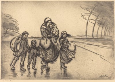 Sateessa: Äiti ja lapset, 1915. tekijältä Théophile Alexandre Steinlen