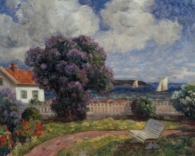Rannikkomaisema kukkivan lilapensaan kanssa (öljy kankaalle) tekijältä Thorolf Holmboe