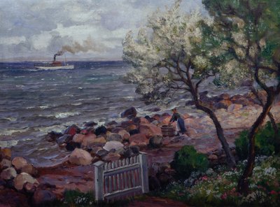 Kesämaisema puutarhaportilla ja naisella (öljy kankaalle) tekijältä Thorolf Holmboe