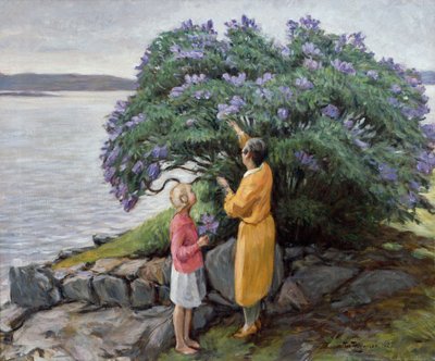 Nainen ja lapsi syreenipensaan luona tekijältä Thorvald Torgersen