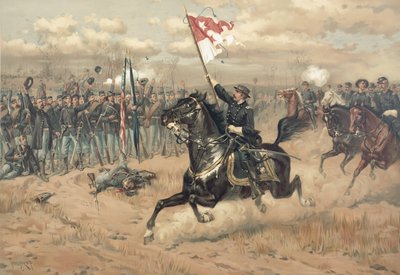 Sheridanin kuuluisa ratsastus Cedar Creekin taistelussa Virginiassa vuonna 1864 (värinen lito) tekijältä Thure de Thulstrup