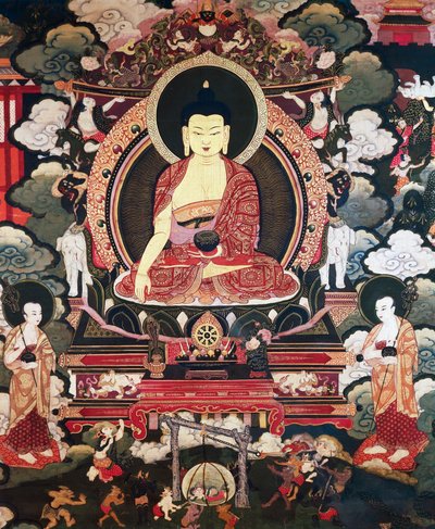 Buddha istuu kahden suuren opetuslapsensa Cariputran ja Maudgalyayanan välissä, kohtauksia Buddha Sakyamunin elämästä, Tiibetin sivilisaatiosta tekijältä Tibetan School