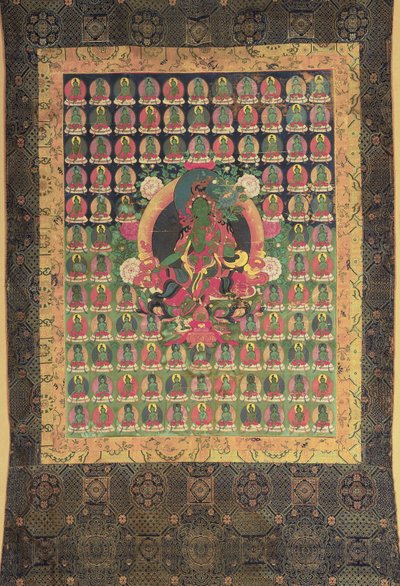 Vihreä Tara, (guassi ja kullattu puuvillalla) tekijältä Tibetan School