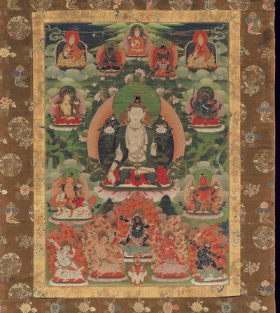 Manjushri, viisauden boddhisattva (jauhettu mineraalipigmentti puuvillalla) tekijältä Tibetan School