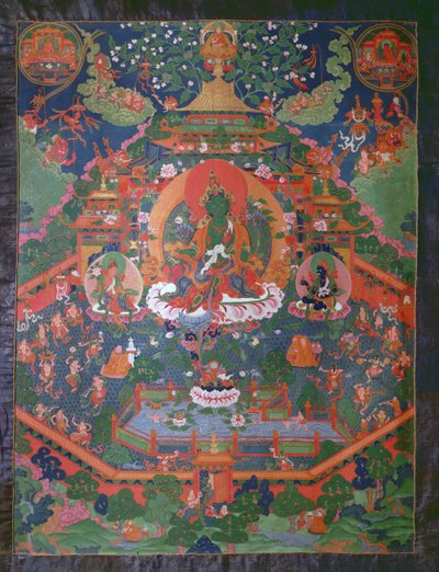 Thangka, joka kuvaa Green Taraa (guassi tekstiilillä) tekijältä Tibetan School