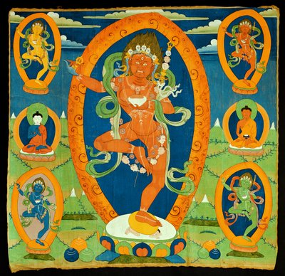 Thangka-maalaus, joka kuvaa Dakini Vajravarahia (Do rje pag mo) tiibetiläistä, 1800-luku (pentukka kalikossa) tekijältä Tibetan School