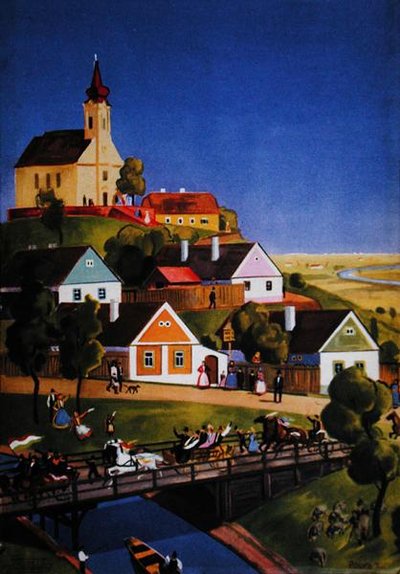 Tyypillinen unkarilainen kylä, kuva turistiesitteestä, n. 1930-40 (väri litho) tekijältä Tibor Polya