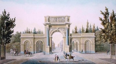 Porte de Guillaume, Bryssel, Pierre Jacques Goetghebuerin teoksesta "Alankomaiden kuningaskunnan merkittävimpien monumenttien, rakennusten ja talojen valinta", kirjailijan kaiverrus, julkaistu 1827 (akvatinta) tekijältä Tilman Francois (after) Suys